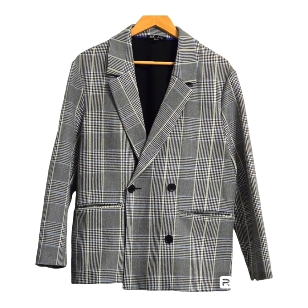 Zara Gray Black Plaid Double-Breasted Blazer